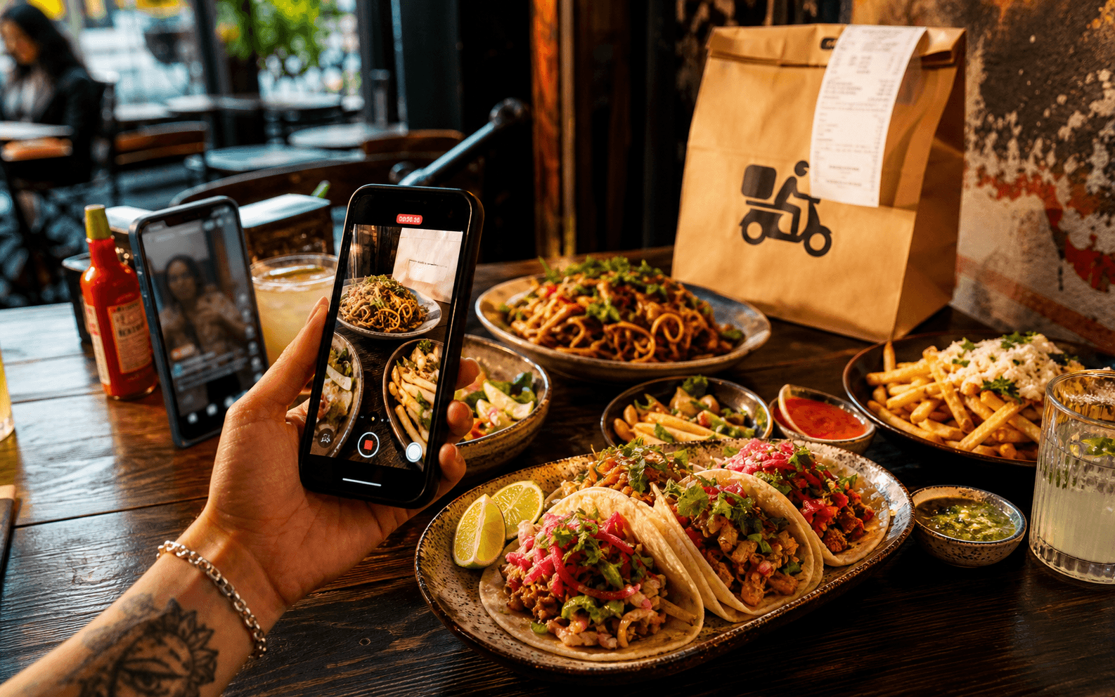 Creator filming a restaurant review video with food and delivery packaging on the table